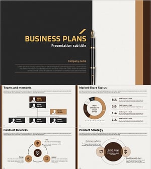Fountain Pen Themed Business Plan PowerPoint Template – Elegant Brown Design