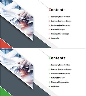 사선 테마 IR 템플릿 목차 – 기업 소개 및 전략