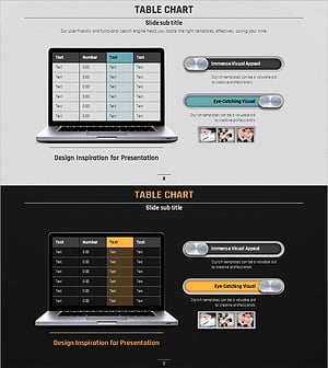 볼륨 템플릿 노트북 목업과 테이블 차트 – 현대적이고 실용적인 제안
