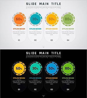 도넛 차트로 주요 성과를 시각화한 슬라이드 – 회사 소개 및 제품/서비스 소개
