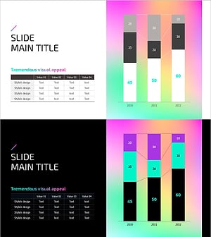 홀로그램 와이드 PPT 테이블 & 세분형 막대그래프 – 트렌디한 데이터 시각화