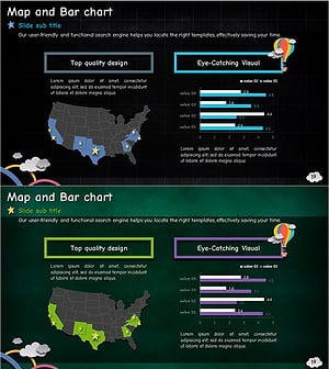 지도와 가로 묶음형 차트 – 시장 분석에 적합한 인포그래픽 슬라이드
