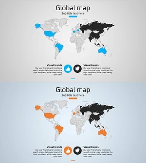 전세계 시장 분석을 위한 글로벌 네트워크 및 타겟 월드맵 - 파랑과 주황