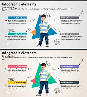 세모도형과 어린이 이미지로 사업영역을 시각화한 슬라이드