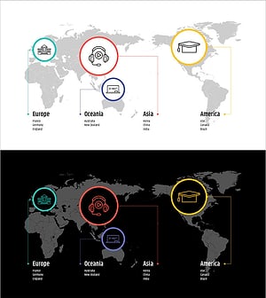 세계지도와 학습 콘텐츠 아이콘 – 글로벌 네트워크의 시각화