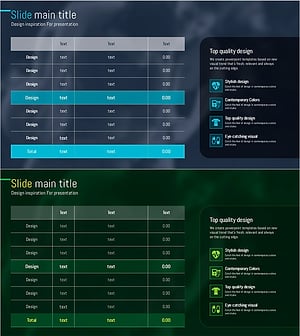 블루 그린 테이블 슬라이드 – 재무 성과를 한눈에