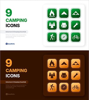 캠핑 아이콘 세트 9종 – 아웃도어, 하이킹, 여행 블로그 전용 PPT 아이콘