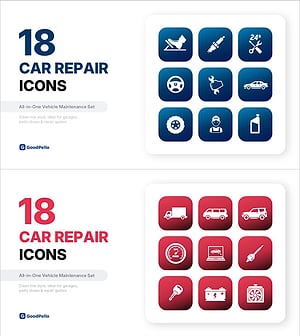 자동차 정비 아이콘 세트 18종 – 차량 정비소, 자동차 부품, 차량 관리 전용 PPT 아이콘