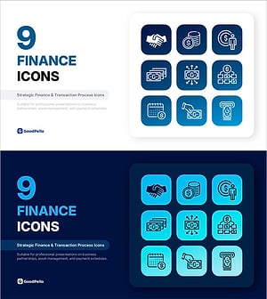 금융 아이콘 세트 9종 – 비즈니스, 자산 관리, 거래 프로세스 전용 PPT 아이콘