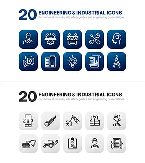 엔지니어링 산업 아이콘 세트 20종 – 공학, 산업 현장, 안전 매뉴얼 전용 PPT 아이콘