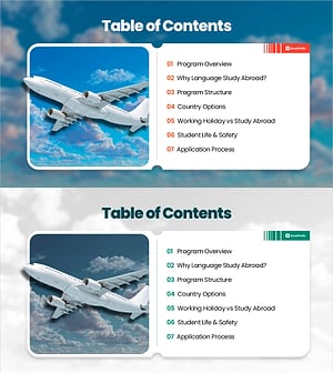 글로벌 어학연수 프로그램 목차 슬라이드 – 전체 커리큘럼 안내