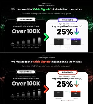 Vanity vs. Crisis Metric Slide – 2-Panel Dark Green & Red
